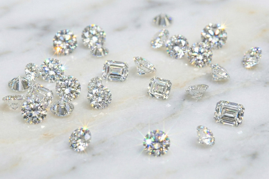 Loose, scattered dimaonds on a pale marble background to compare the cost of diamonds 