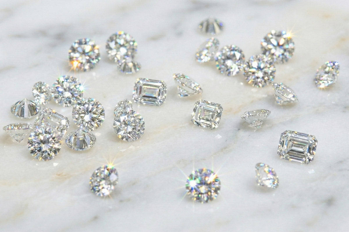Loose, scattered dimaonds on a pale marble background to compare the cost of diamonds 