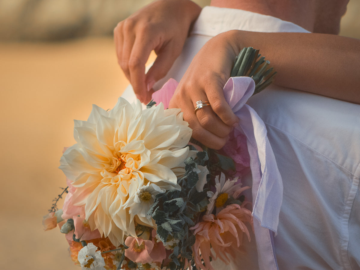 Person holding a bouquet of flowers with a blurred background