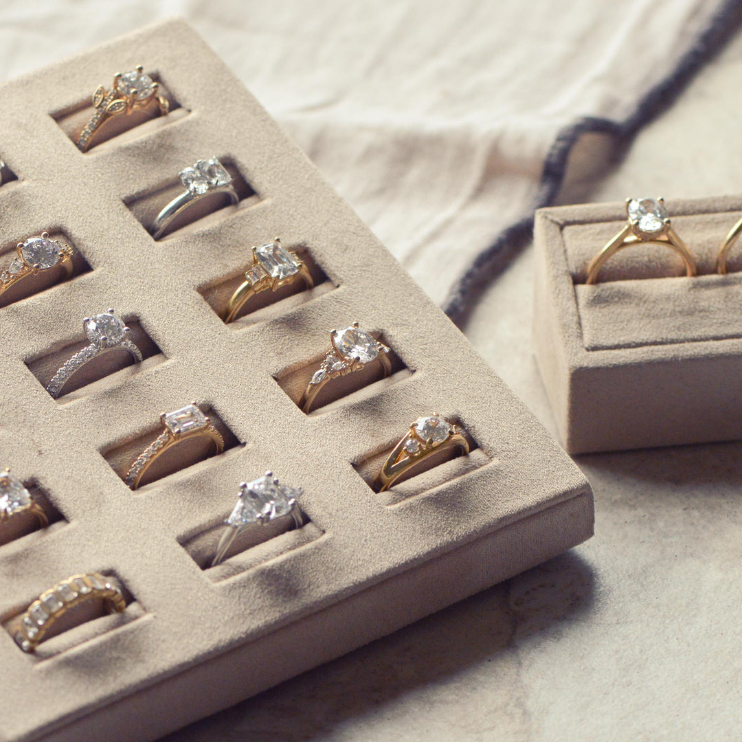 Close up of display blocks with a selection of engagement rings 