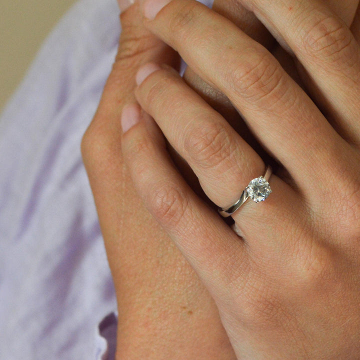 Bird's eye view of a round diamond solitaire ring worn on the hand 