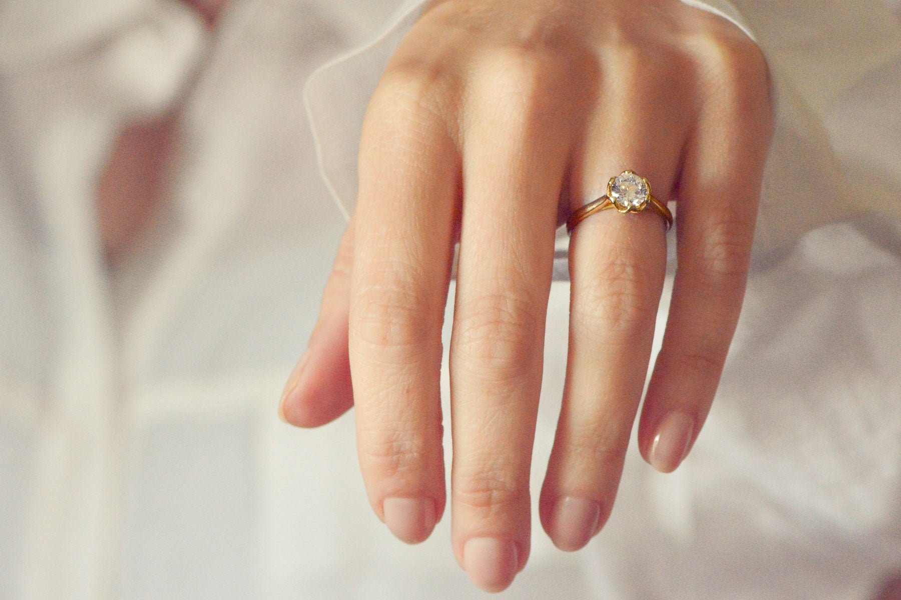 Close up of a gold solitaire engagement ring on the hand with a blurred background