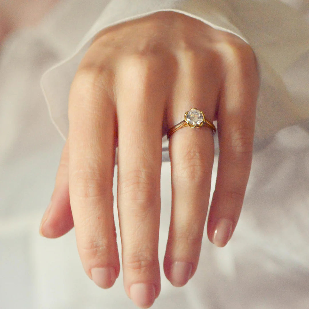 Classic round diamond solitaire ring on the hand 