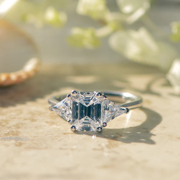 Art Deco threes tone ring set with sustainable lab diamond in ethically sourced platinum 